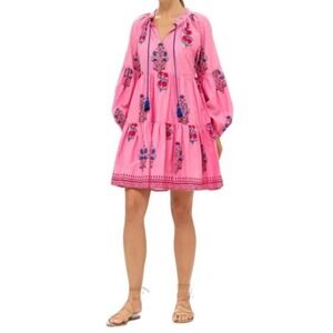 Oliphant Women's Size S Mini Dress Boca Pink Tiered Balloon Sleeve Tassel Tie